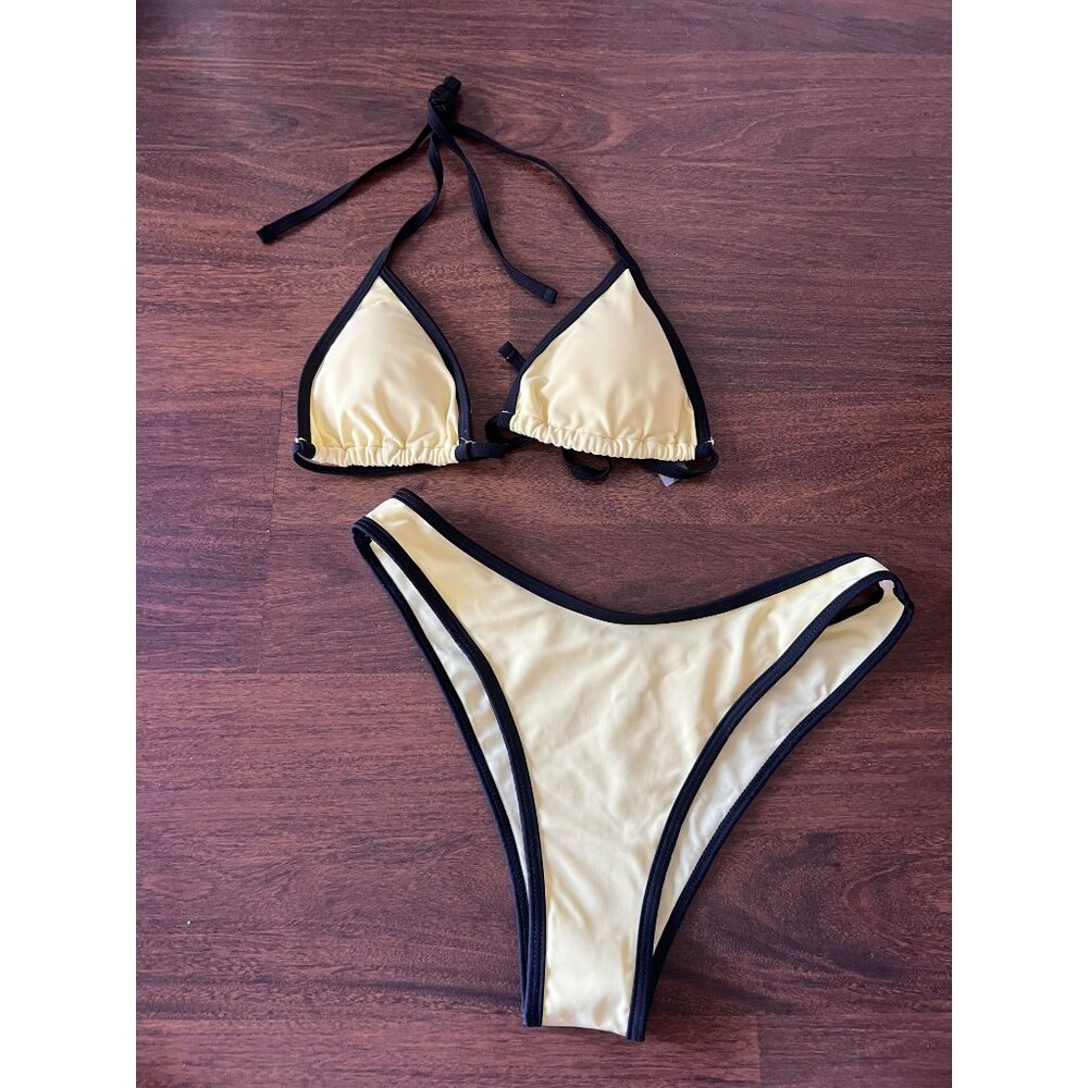 NWT Yellow Black Trim Bikini Set Medium Triangle Top & High Cut Bottoms Swimwear